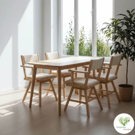 ชุดโต๊ะอาหาร 4 ที่นั่ง EVERGREEN FURNITURE สีไม้ธรรมชาติ  เก้าอี้เบาะหนังสีครีม_1